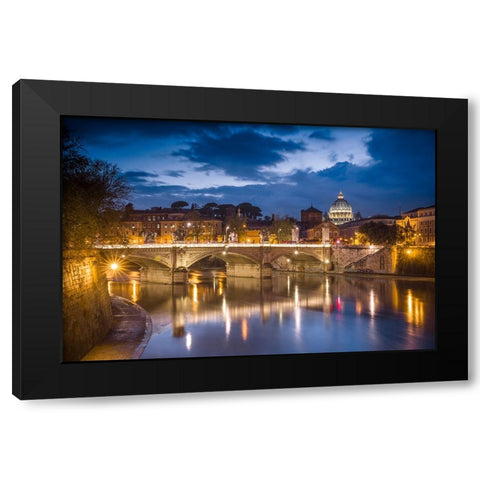 Europe-Italy-Rome-Dome of Sistine Chapel with Tiber River and bridge lit at sunset Black Modern Wood Framed Art Print by Jaynes Gallery