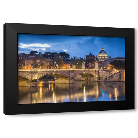 Europe-Italy-Rome-Dome of Sistine Chapel with Tiber River and bridge lit at sunset Black Modern Wood Framed Art Print with Double Matting by Jaynes Gallery
