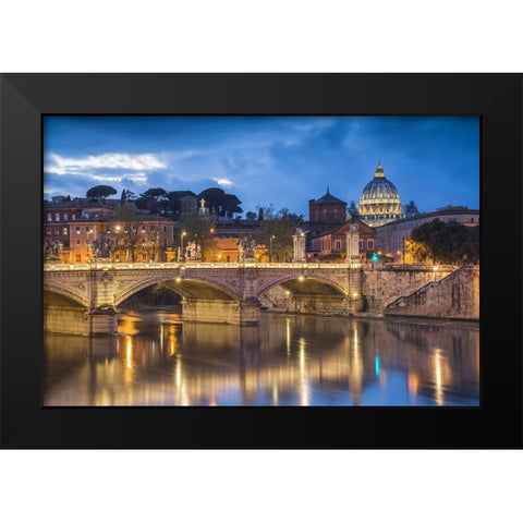 Europe-Italy-Rome-Dome of Sistine Chapel with Tiber River and bridge lit at sunset Black Modern Wood Framed Art Print by Jaynes Gallery