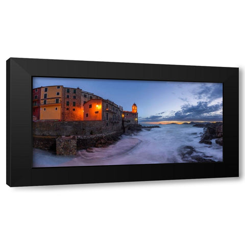 Europe-Italy-Tellaro-Panoramic of village and sea at sunset Black Modern Wood Framed Art Print with Double Matting by Jaynes Gallery