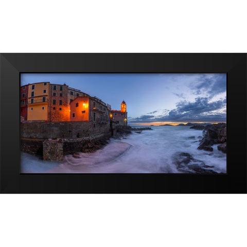 Europe-Italy-Tellaro-Panoramic of village and sea at sunset Black Modern Wood Framed Art Print by Jaynes Gallery