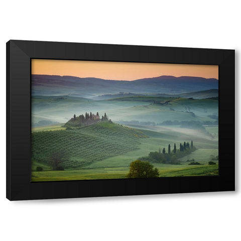 Europe-Italy-Tuscany-Val d Orcia-Belvedere farmhouse at sunrise Black Modern Wood Framed Art Print by Jaynes Gallery