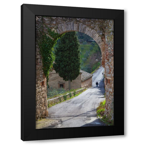 Europe-Italy-Tuscany-Val d Orcia-Lone person walking on rural road Black Modern Wood Framed Art Print by Jaynes Gallery