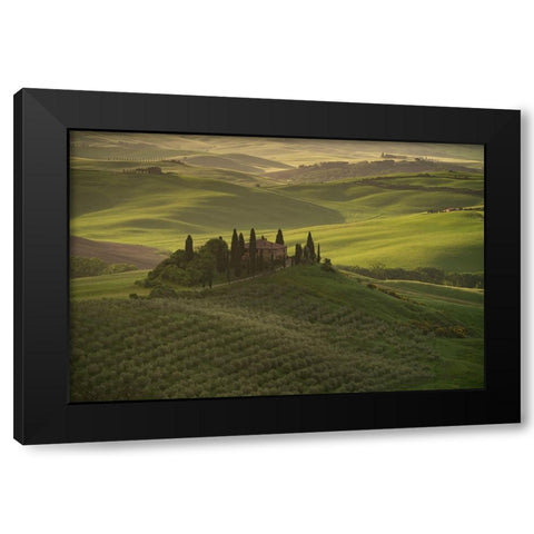 Europe-Italy-Tuscany-Val dOrcia-Belvedere farmhouse at sunrise  Black Modern Wood Framed Art Print by Jaynes Gallery