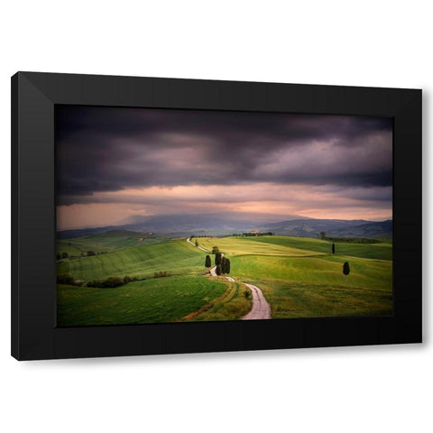 Europe-Italy-Tuscany-Val dOrcia-Road through farming landscape Black Modern Wood Framed Art Print with Double Matting by Jaynes Gallery