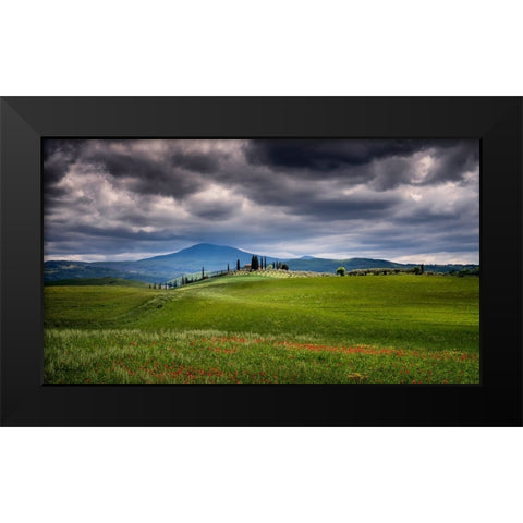 Europe-Italy-Tuscany-Val d Orcia-Farmland under stormy sky Black Modern Wood Framed Art Print by Jaynes Gallery