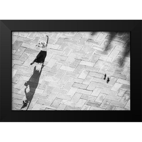 Europe-Italy-Venice-Black and white of tourist poising for photo on San Marco Square Black Modern Wood Framed Art Print by Jaynes Gallery