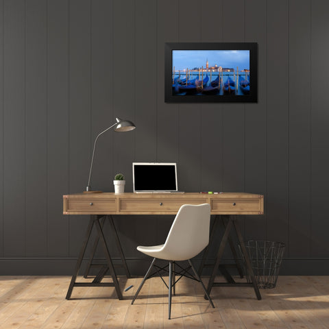 Europe-Italy-Venice-Sunset on gondolas and Church of San Giorgio Maggiore Black Modern Wood Framed Art Print by Jaynes Gallery
