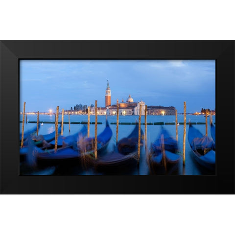 Europe-Italy-Venice-Sunset on gondolas and Church of San Giorgio Maggiore Black Modern Wood Framed Art Print by Jaynes Gallery