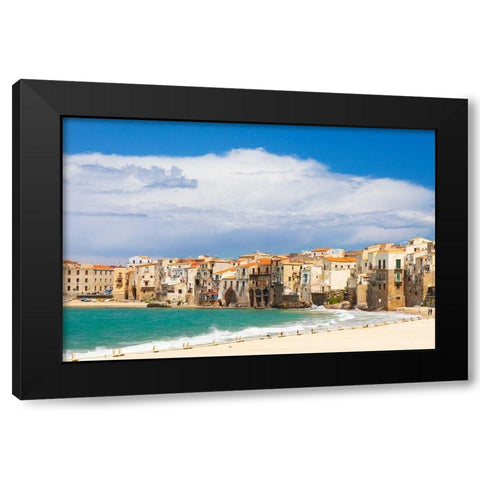 Palermo Province-Cefalu The beach on the Mediterranean Sea in the town of Cefalu Black Modern Wood Framed Art Print by Wilson, Emily