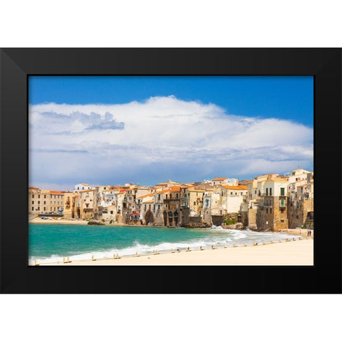 Palermo Province-Cefalu The beach on the Mediterranean Sea in the town of Cefalu Black Modern Wood Framed Art Print by Wilson, Emily