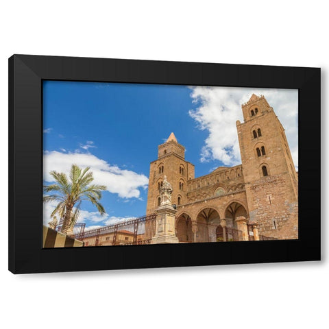 Palermo Province-Cefalu Exterior view of the towers of the Cefalu Cathedral Black Modern Wood Framed Art Print by Wilson, Emily