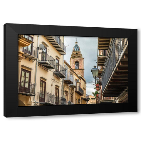 Palermo Province-Castelbuono The bell tower of Chiesa Sconsacrata Del Santissimo Crocifisso Black Modern Wood Framed Art Print by Wilson, Emily