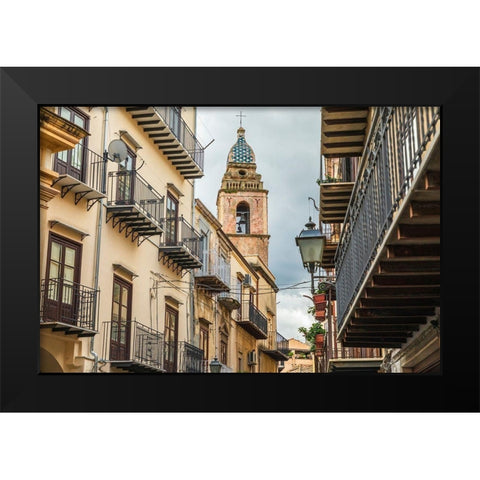 Palermo Province-Castelbuono The bell tower of Chiesa Sconsacrata Del Santissimo Crocifisso Black Modern Wood Framed Art Print by Wilson, Emily