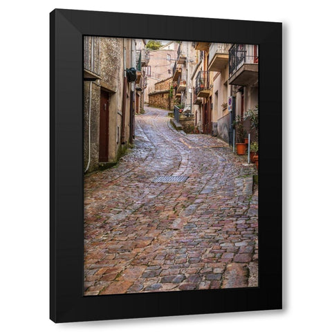 Palermo Province-Geraci Siculo Winding narrow cobblestone street in the town of Geraci Siculo Black Modern Wood Framed Art Print by Wilson, Emily