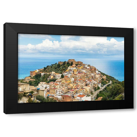 Messina Province-Caronia The medieval hilltop town Caronia-built around a Norman castle Black Modern Wood Framed Art Print by Wilson, Emily