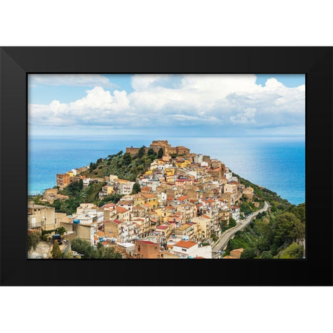 Messina Province-Caronia The medieval hilltop town Caronia-built around a Norman castle Black Modern Wood Framed Art Print by Wilson, Emily