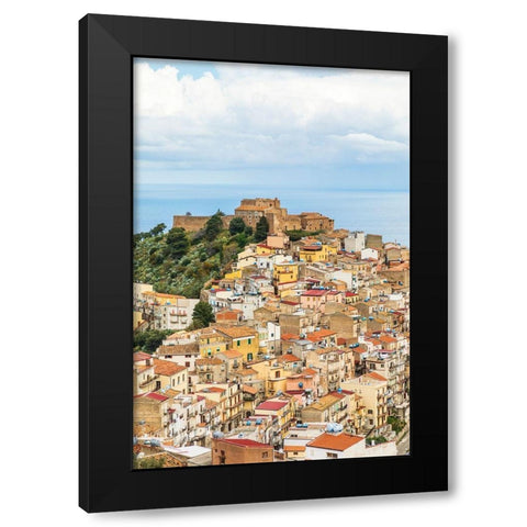 Messina Province-Caronia The medieval hilltop town Caronia-built around a Norman castle Black Modern Wood Framed Art Print by Wilson, Emily