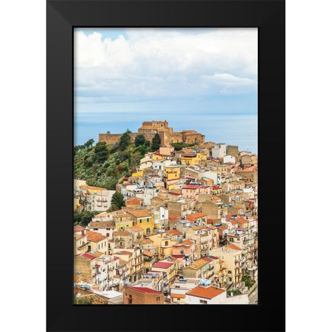Messina Province-Caronia The medieval hilltop town Caronia-built around a Norman castle Black Modern Wood Framed Art Print by Wilson, Emily
