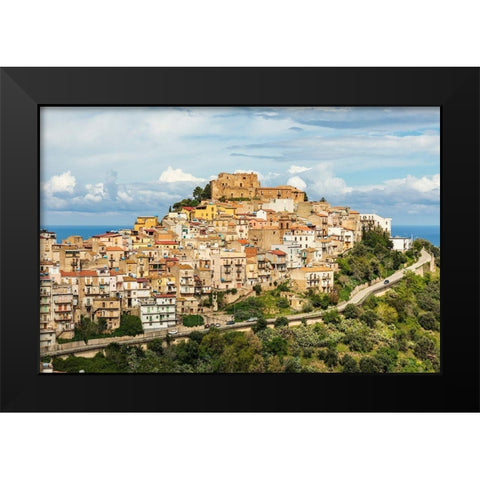 Messina Province-Caronia The medieval hilltop town Caronia-built around a Norman castle Black Modern Wood Framed Art Print by Wilson, Emily