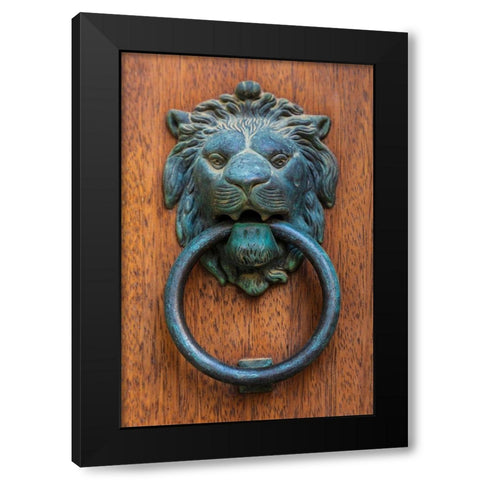 Messina Province-Caronia A bronze door knocker in the shape of a lion-in the medieval town Black Modern Wood Framed Art Print by Wilson, Emily