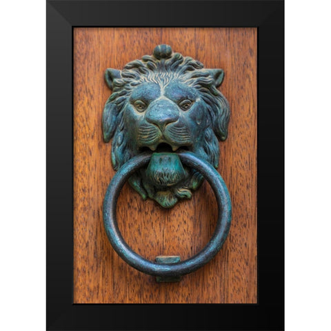 Messina Province-Caronia A bronze door knocker in the shape of a lion-in the medieval town Black Modern Wood Framed Art Print by Wilson, Emily