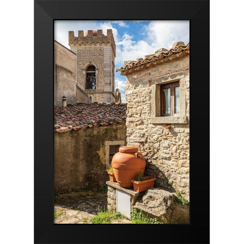 Messina Province-Montalbano Elicona Terra cotta urns next to old stone building Black Modern Wood Framed Art Print by Wilson, Emily