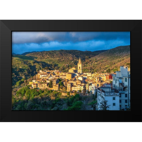 Messina Province-Novara di Sicilia The medieval hill town of Novara di Sicilia at sunset Black Modern Wood Framed Art Print by Wilson, Emily