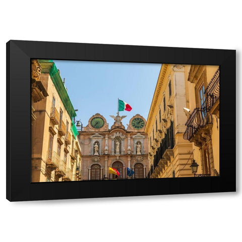 Trapani Province-Trapani Clock tower with the Italian flag in the city center of Trapani Black Modern Wood Framed Art Print by Wilson, Emily