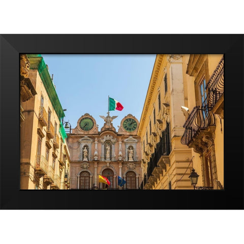 Trapani Province-Trapani Clock tower with the Italian flag in the city center of Trapani Black Modern Wood Framed Art Print by Wilson, Emily