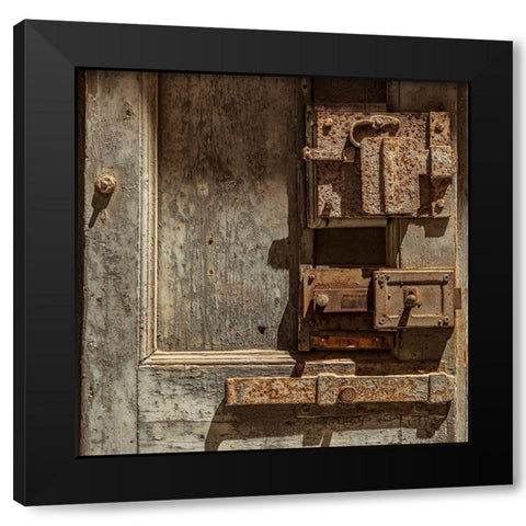 Italy-Apulia-Metropolitan City of Bari-Giovinazzo Old wooden door with massive rusted metal locks Black Modern Wood Framed Art Print by Wilson, Emily