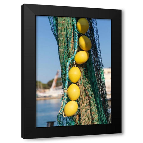 Italy-Apulia-Province of Barletta-Andria-Trani-Trani Close-up of fishing net and floats Black Modern Wood Framed Art Print by Wilson, Emily