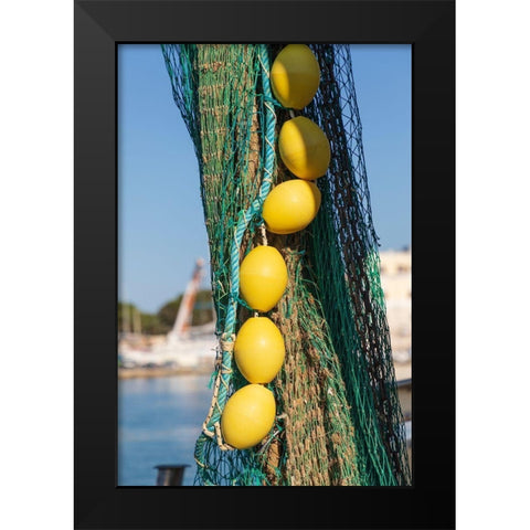 Italy-Apulia-Province of Barletta-Andria-Trani-Trani Close-up of fishing net and floats Black Modern Wood Framed Art Print by Wilson, Emily