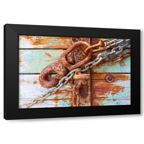 Rusty lock and chain on light blue wood Black Modern Wood Framed Art Print by Wilson, Emily