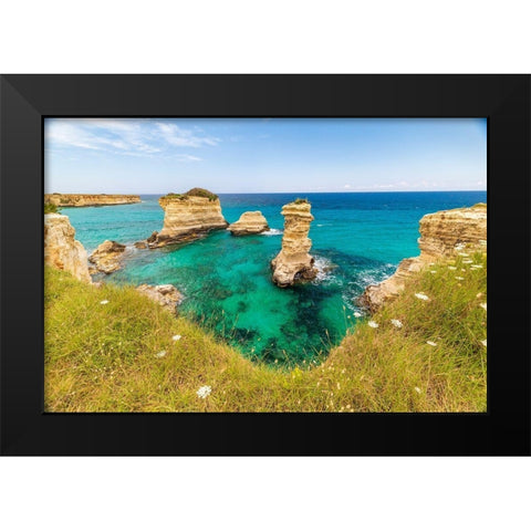 Italy-Apulia-Province of Lecce-Melendugno The Faraglioni of Torre SantAndrea Black Modern Wood Framed Art Print by Wilson, Emily
