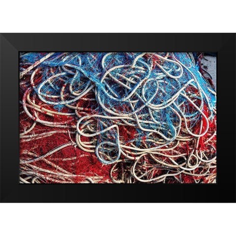 Italy-Apulia-Province of Lecce-Gallipoli Texture detail of fishing nets in red-white-and blue Black Modern Wood Framed Art Print by Wilson, Emily