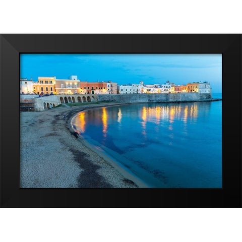 Italy-Apulia-Province of Lecce-Gallipoli Beach and old town section over the Ionian Sea at dusk Black Modern Wood Framed Art Print by Wilson, Emily