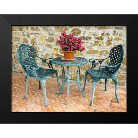 Italy-Chianti Table and chairs with a flowering begonia  Black Modern Wood Framed Art Print by Eggers, Julie