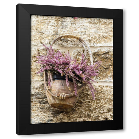 Italy-Chianti Basket of flowers hanging on a stone wall Black Modern Wood Framed Art Print by Eggers, Julie