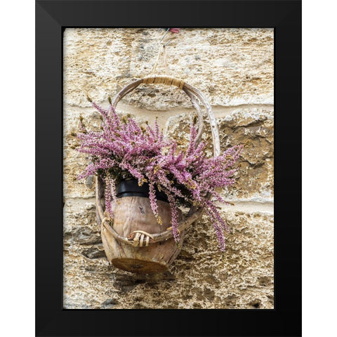 Italy-Chianti Basket of flowers hanging on a stone wall Black Modern Wood Framed Art Print by Eggers, Julie
