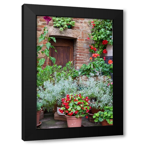Italy-Tuscany-Pienza Potted plants in the corner of a street in the town of Pienza Black Modern Wood Framed Art Print by Eggers, Julie
