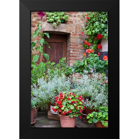 Italy-Tuscany-Pienza Potted plants in the corner of a street in the town of Pienza Black Modern Wood Framed Art Print by Eggers, Julie