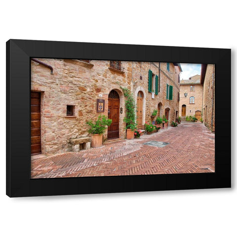 Italy-Tuscany-Pienza Flower pots and potted plants decorate a narrow street in a Tuscany village Black Modern Wood Framed Art Print by Eggers, Julie