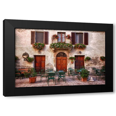 Italy-Tuscany-Pienza Tables and chairs set up outside for outdoor dining in the town of Pienza Black Modern Wood Framed Art Print with Double Matting by Eggers, Julie