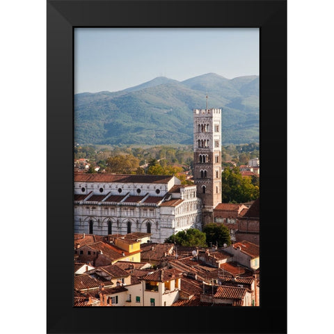 Italy-Tuscany-Lucca The rooftops of the historic Lucca medieval bell tower of St Martin Cathedral Black Modern Wood Framed Art Print by Eggers, Julie