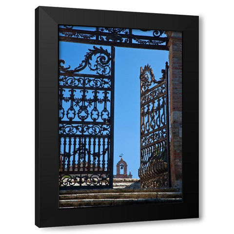 Italy-Tuscany-Montepulciano The wrought iron gate leading to the cemetery the Church of San Biaggio Black Modern Wood Framed Art Print by Eggers, Julie