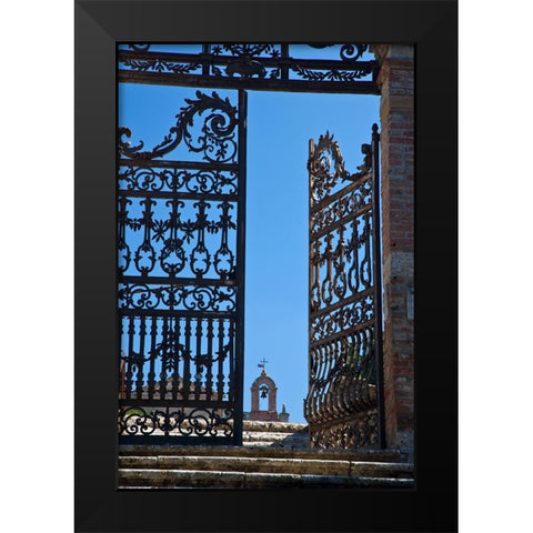 Italy-Tuscany-Montepulciano The wrought iron gate leading to the cemetery the Church of San Biaggio Black Modern Wood Framed Art Print by Eggers, Julie
