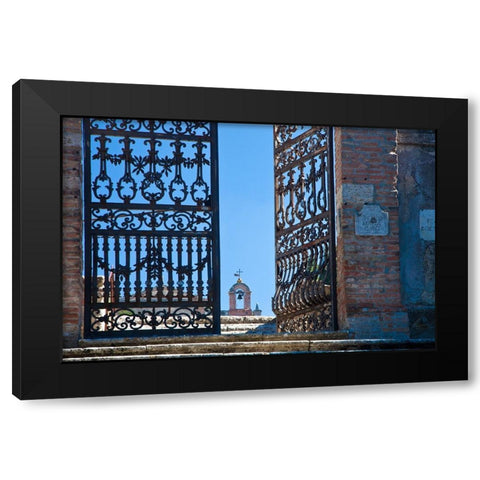 Italy-Tuscany-Montepulciano The wrought iron gate leading to cemetery near Church of San Biaggio Black Modern Wood Framed Art Print by Eggers, Julie