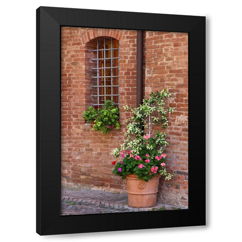 Italy-Tuscany-Crete Senesi-Asciano Street scene with potted flowers Black Modern Wood Framed Art Print by Eggers, Julie