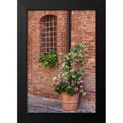 Italy-Tuscany-Crete Senesi-Asciano Street scene with potted flowers Black Modern Wood Framed Art Print by Eggers, Julie